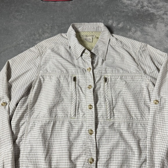 ExOfficio Womens L Beige Long Sleeve Button Up Fishing Shirt Roll Tab Vented - Picture 1 of 8